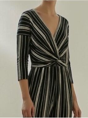 Express Black & White Striped Twist-Front Jumpsuit